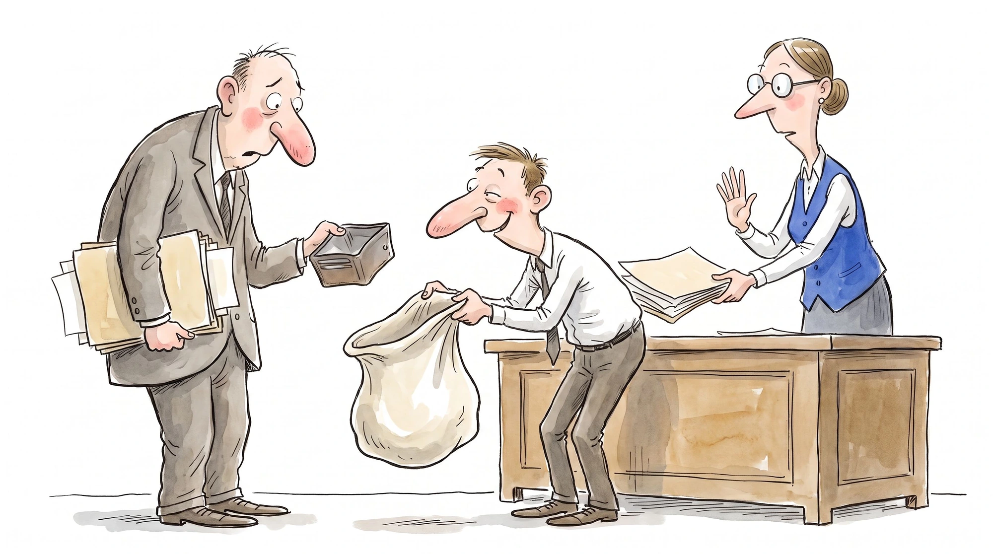 An inspector pauses a clerk holding a collection sack while reviewing the company’s case papers.