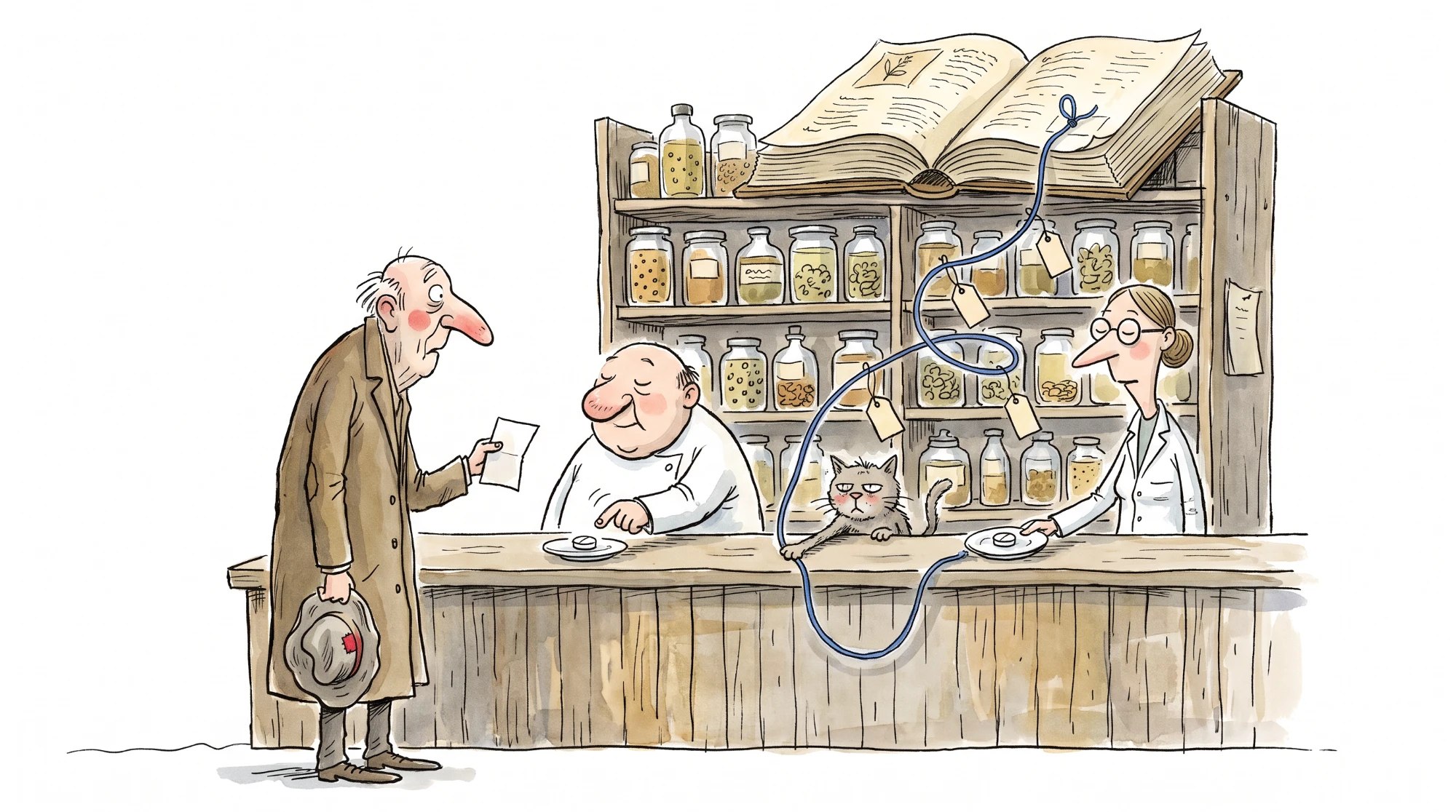An old apothecary: one customer holds out a single prescription to two pharmacists; the first slides over a saucer with a plain pill and is done; the second slides over an identical pill, but a blue thread runs from it up the shelves, past paper tags on the jars, to an enormous herbarium book on the top shelf; a cat on the counter rests a paw on the thread.