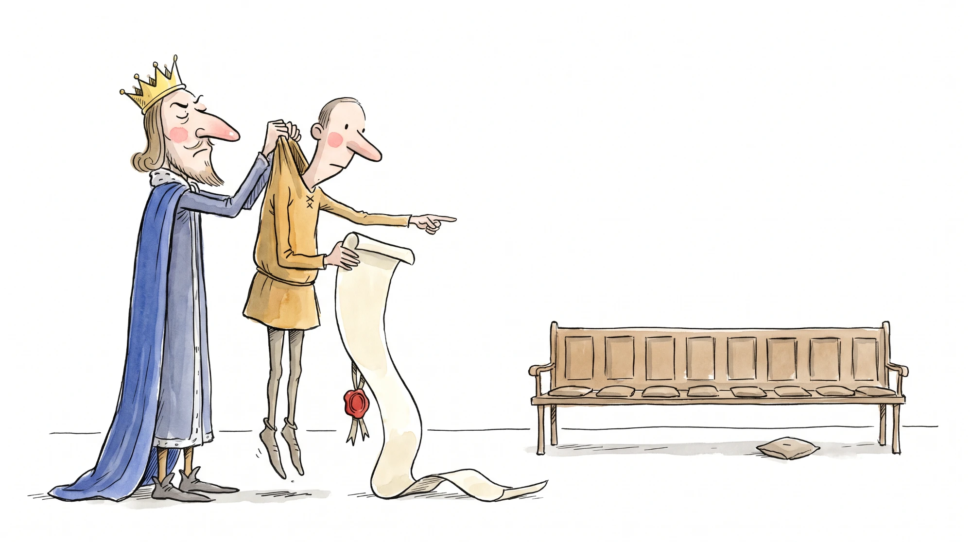 King John lifts a free man by the collar; the man points at an empty bench where his peers should sit.
