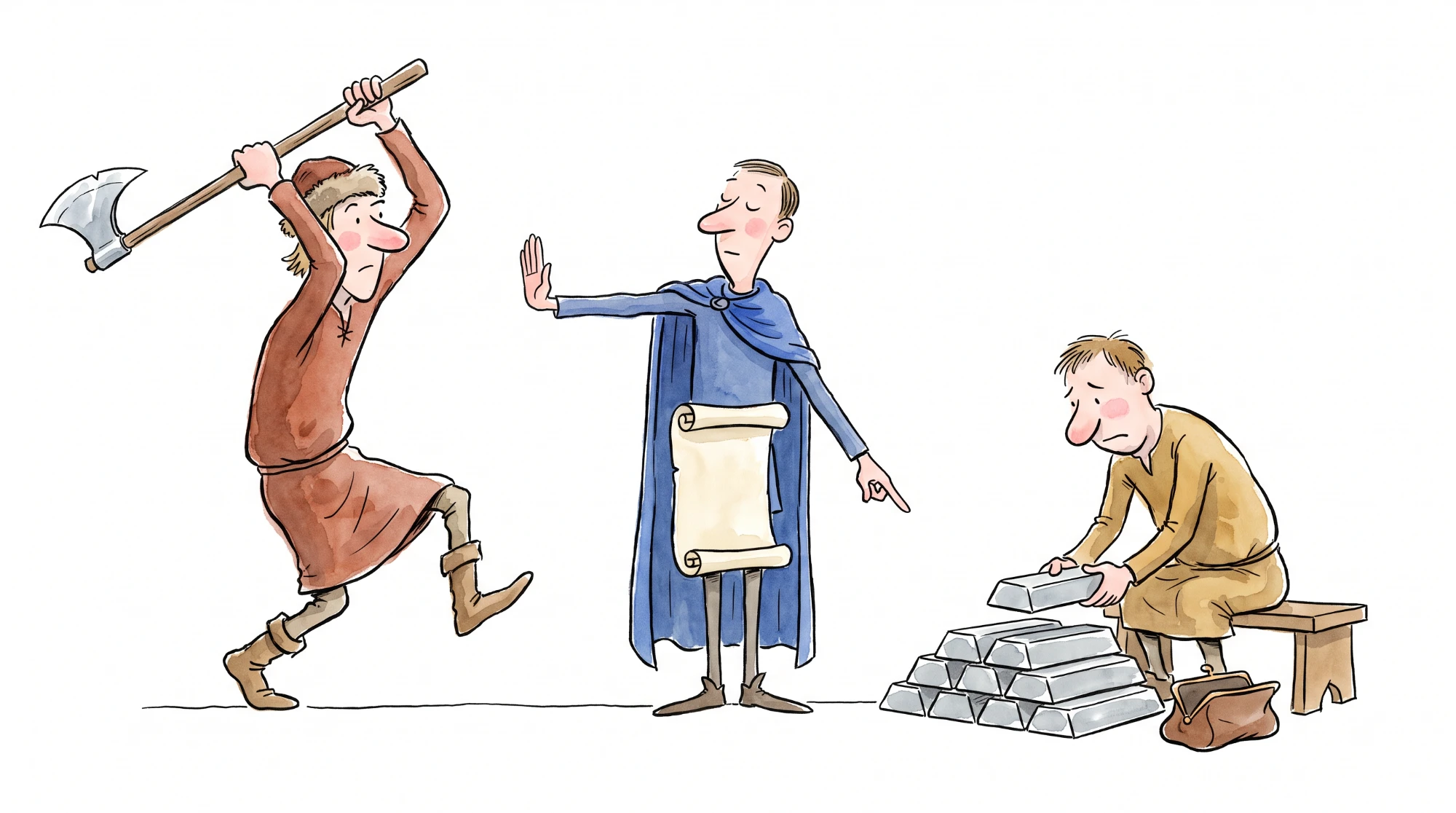 An avenger swings a battle axe; a calm clerk in a blue cloak stops him with one palm and points at the killer stacking silver bars.