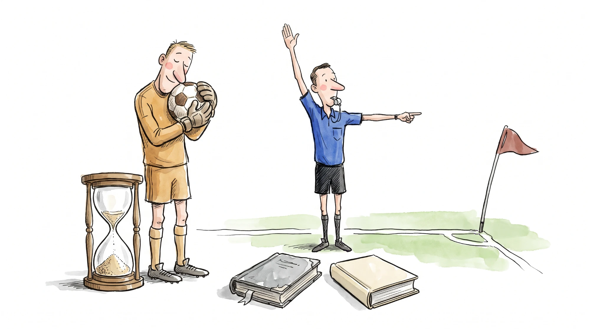 A goalkeeper hugs the ball beside an hourglass running out; the referee signals an indirect free kick with one arm and a corner with the other, two rulebooks at his feet.