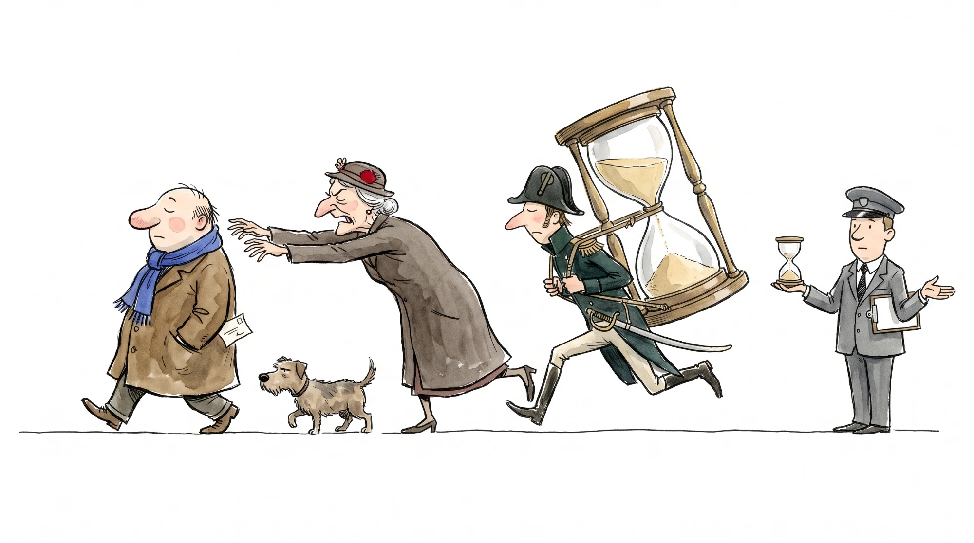 A chase in profile: a round debtor in a blue scarf walks off calmly with a folded note in his pocket; behind him a small dog, then an elderly creditor reaching for his collar; then a bailiff of 1804 in bicorne and tailcoat running with an enormous hourglass strapped to his back, sand still in the upper bulb; last, a bailiff of today in a grey suit and cap stands still, holding out a tiny hourglass that has run out, shrugging.