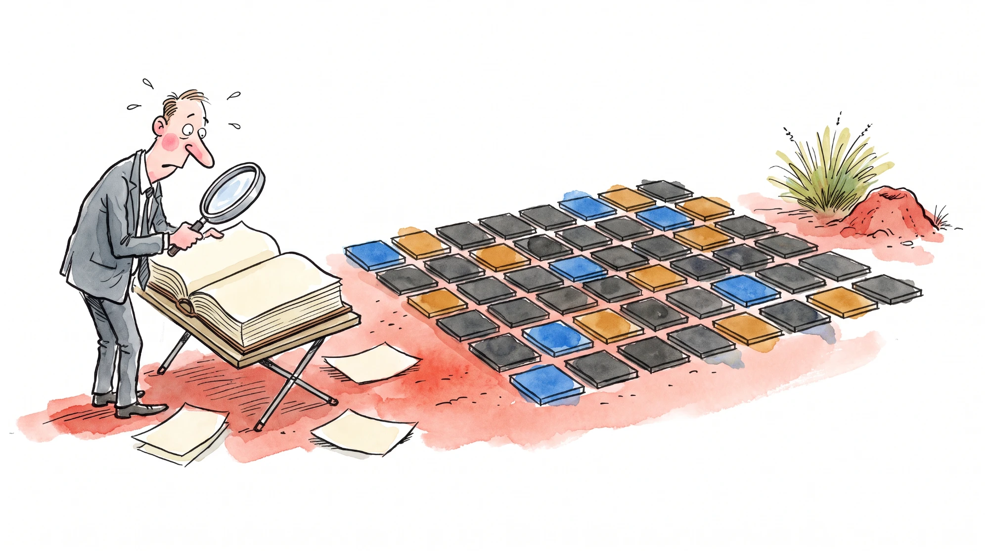 A visiting lawyer searches a blank law book with a magnifying glass; behind him a complete grid of tiles lies on the red sand.