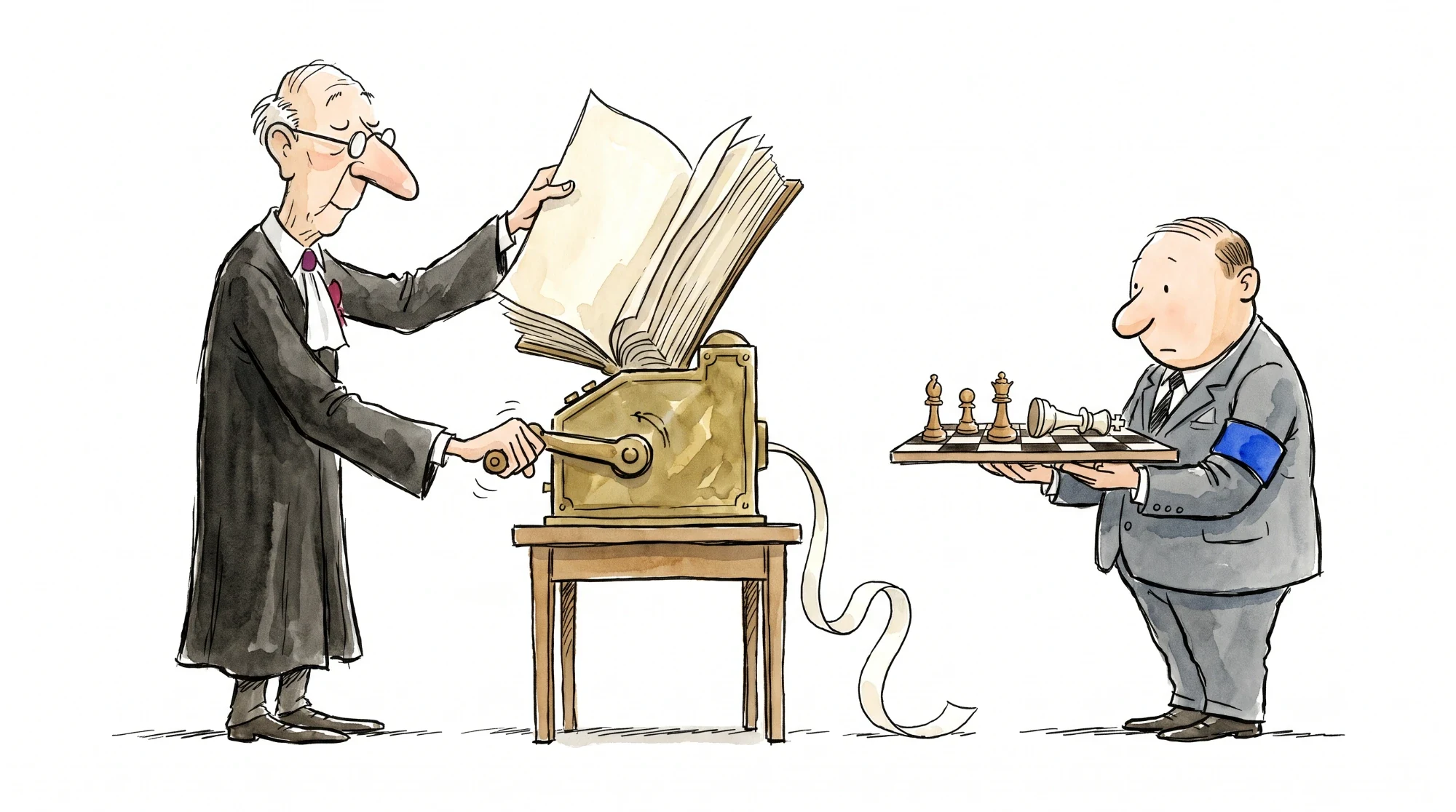 A lawyer in a gown feeds an enormous codex into a small hand-cranked calculating machine while a chess arbiter with a blue armband waits in line holding a chessboard with a fallen white king; the machine does not care which one it gets.